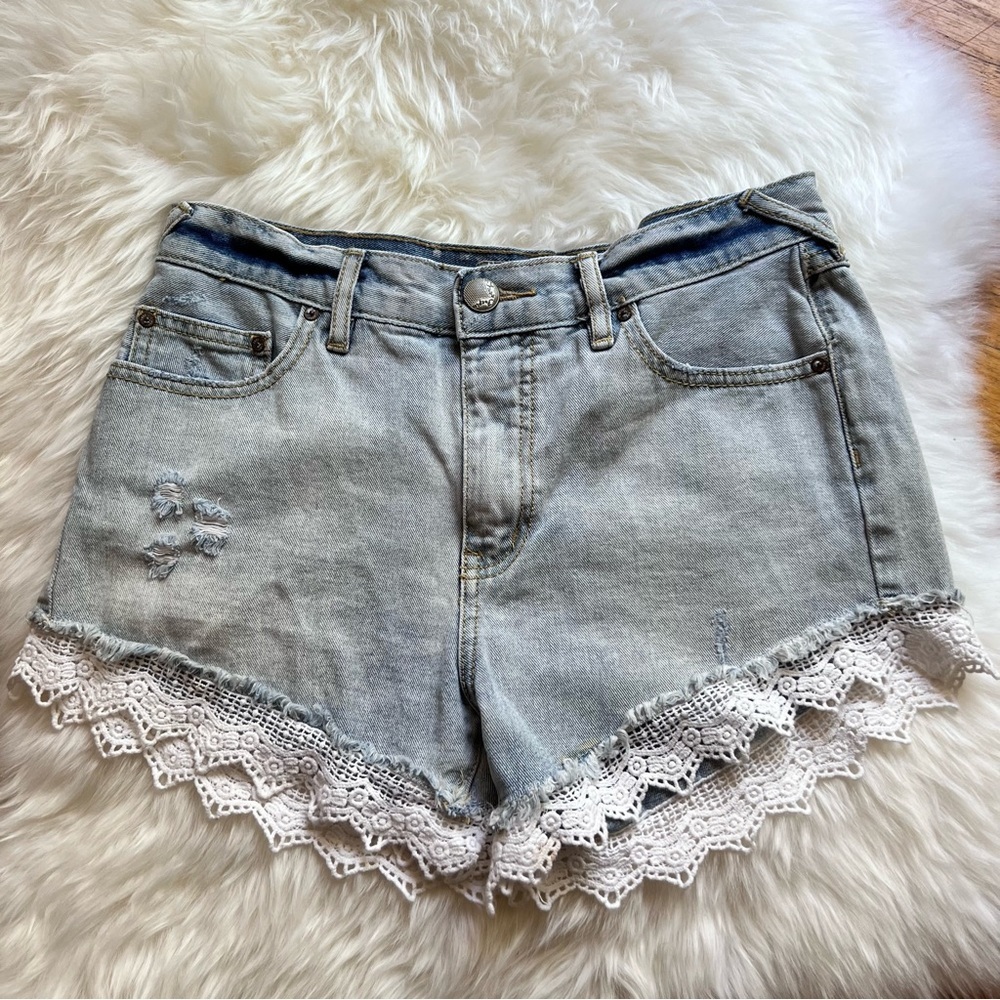 Free People Light Blue Jean Shorts with White Lace Trim